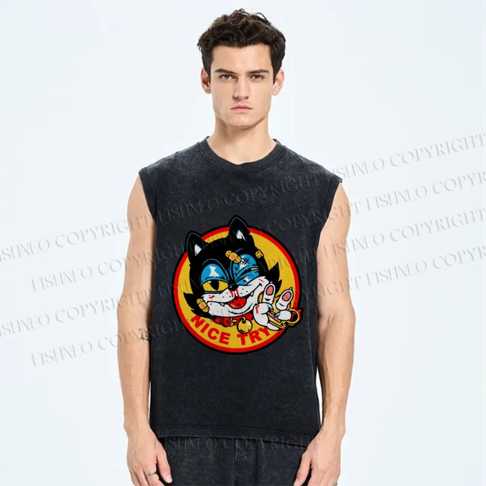 Unisex Cartoon Cat Nice Try Printed Washed Tank Top