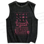Unisex Japanese Graffiti Printed Washed Tank Top
