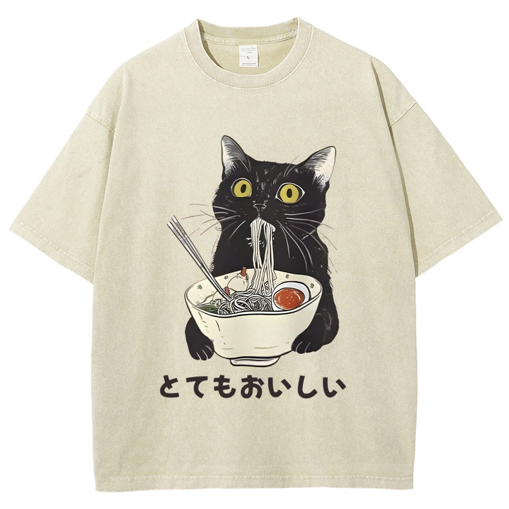 Cats Eat Ramen Noodles Washed T-Shirt