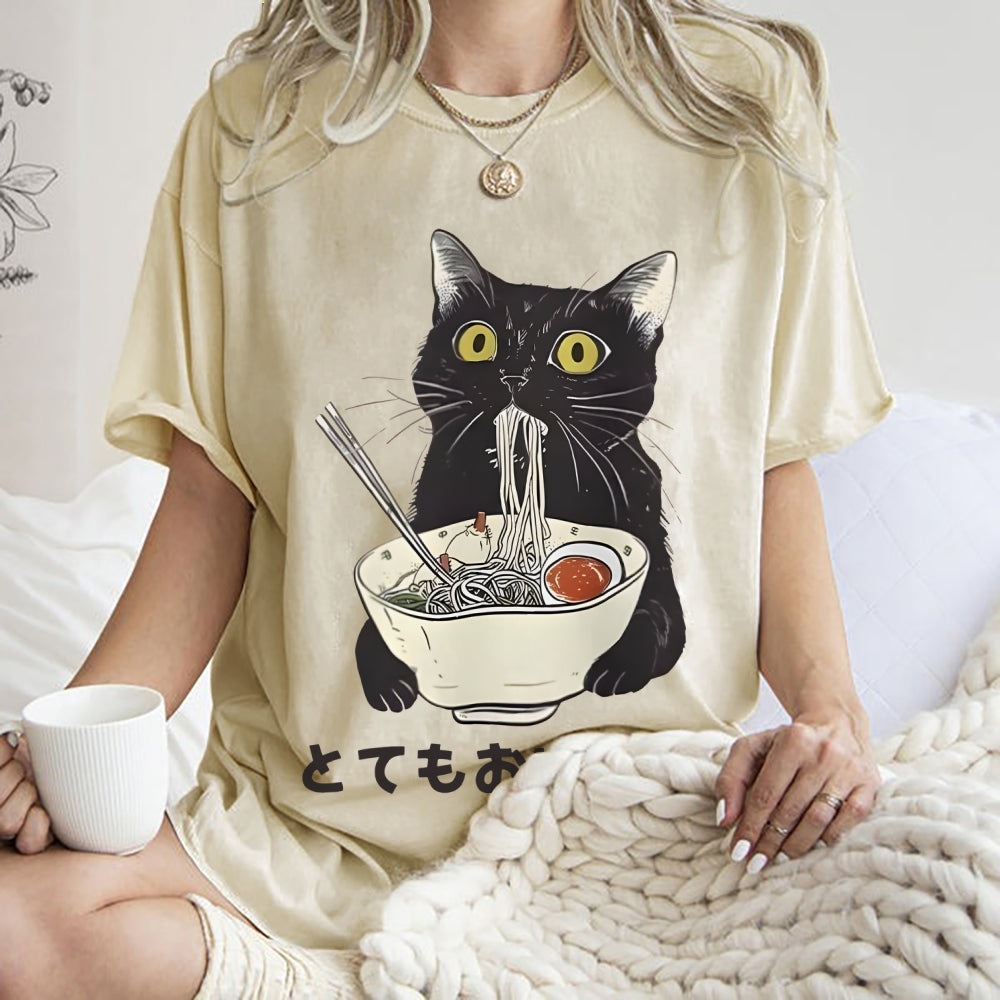 Cats Eat Ramen Noodles Washed T-Shirt