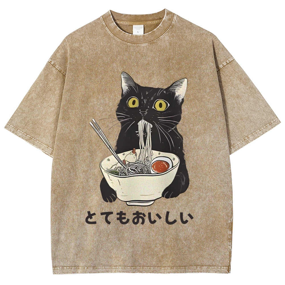 Cats Eat Ramen Noodles Washed T-Shirt