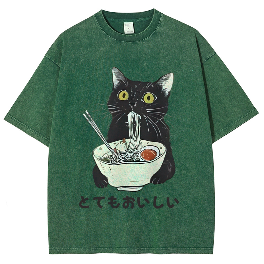 Cats Eat Ramen Noodles Washed T-Shirt