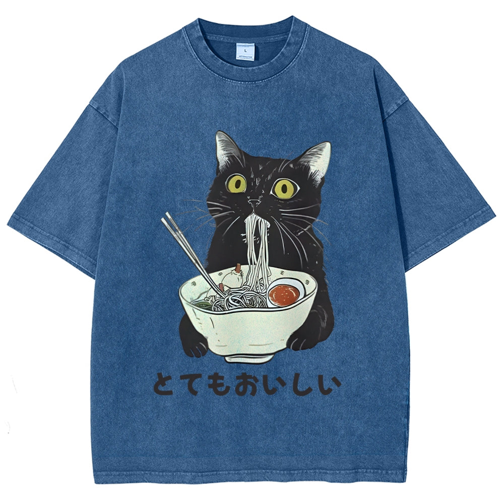 Cats Eat Ramen Noodles Washed T-Shirt