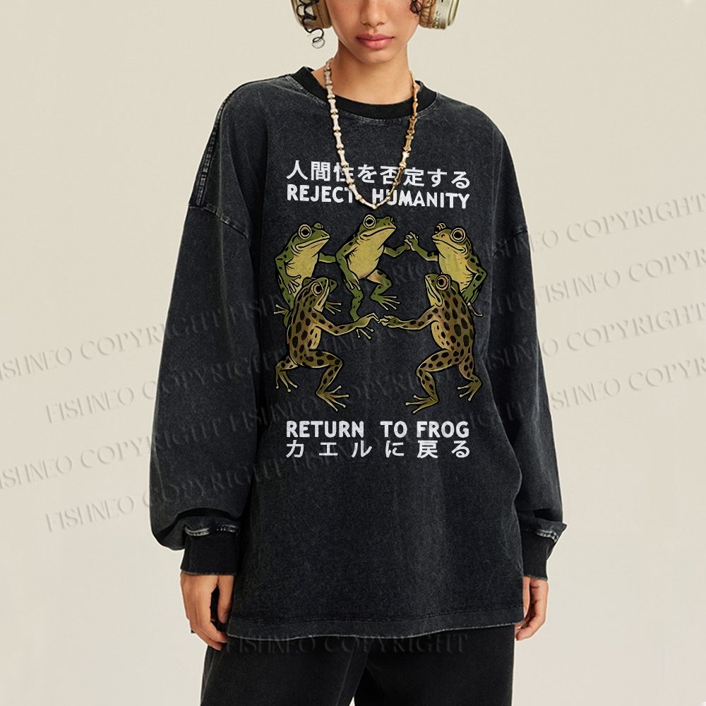 Unisex Back To Frog Funny Casual Washed Printed Long Sleeve T-shirt
