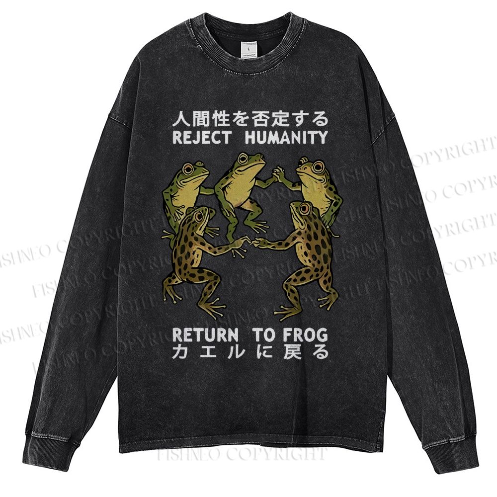 Unisex Back To Frog Funny Casual Washed Printed Long Sleeve T-shirt