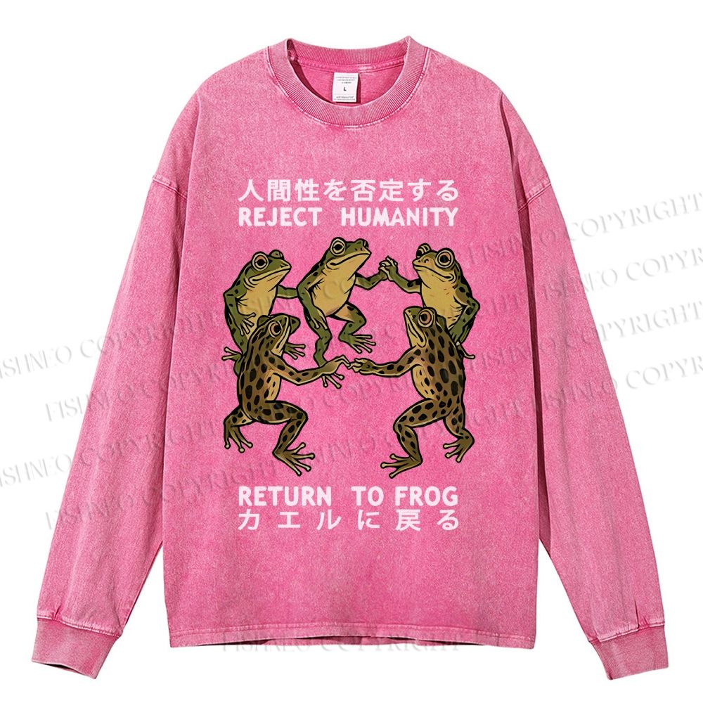 Unisex Back To Frog Funny Casual Washed Printed Long Sleeve T-shirt