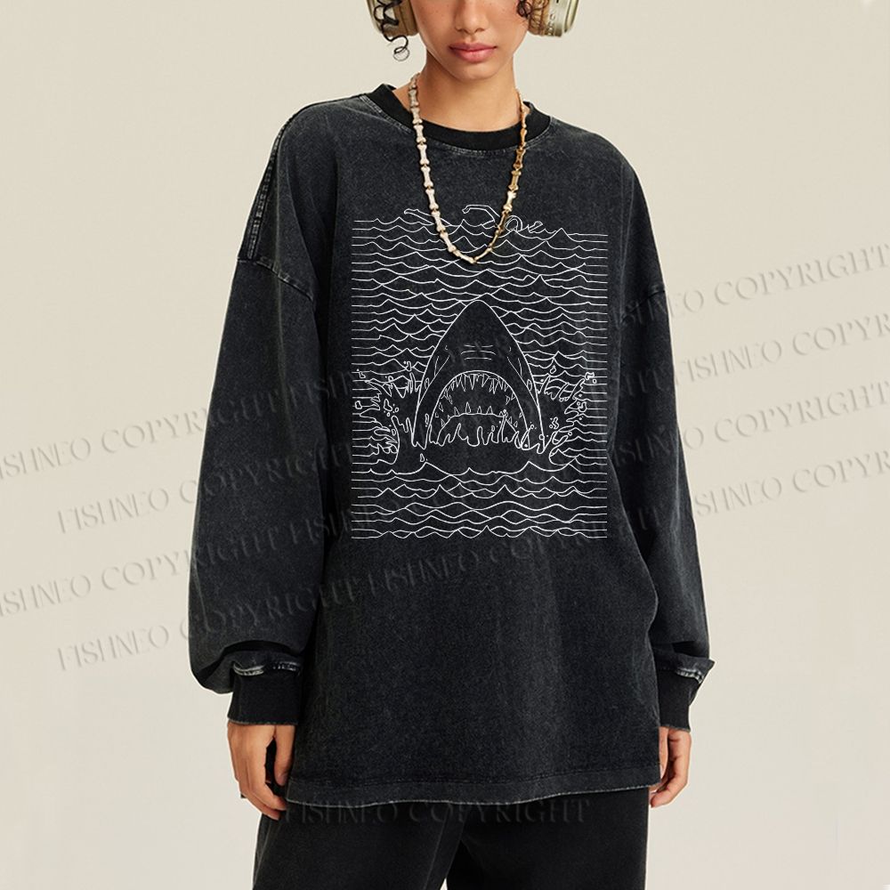 Unisex Casual Washed Ocean Wave Shark Printed Long Sleeve T-shirt