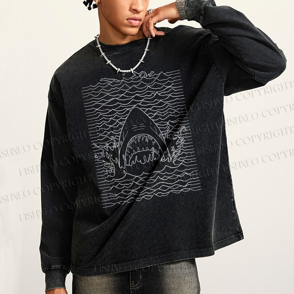 Unisex Casual Washed Ocean Wave Shark Printed Long Sleeve T-shirt