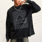 Unisex Casual Washed Ocean Wave Shark Printed Long Sleeve T-shirt