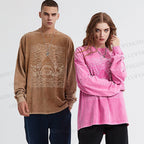 Unisex Casual Washed Ocean Wave Shark Printed Long Sleeve T-shirt