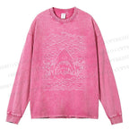 Unisex Casual Washed Ocean Wave Shark Printed Long Sleeve T-shirt