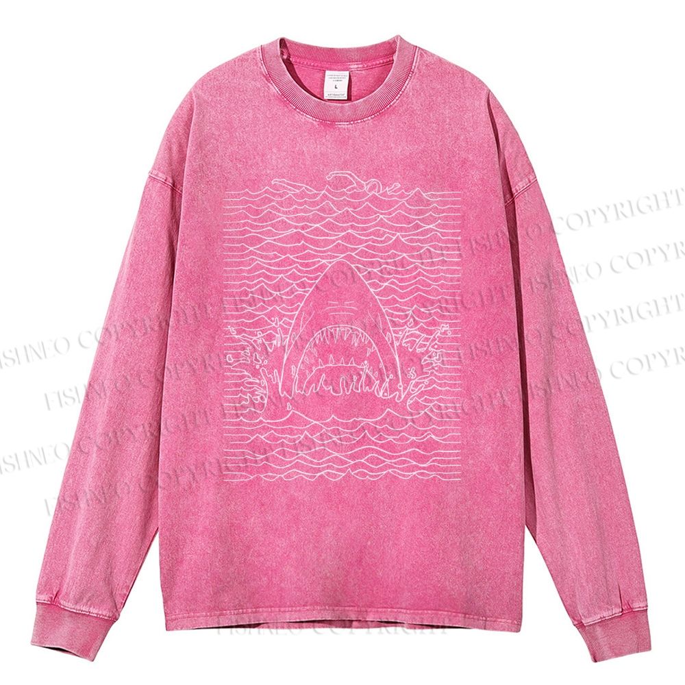 Unisex Casual Washed Ocean Wave Shark Printed Long Sleeve T-shirt