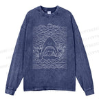 Unisex Casual Washed Ocean Wave Shark Printed Long Sleeve T-shirt