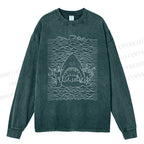 Unisex Casual Washed Ocean Wave Shark Printed Long Sleeve T-shirt