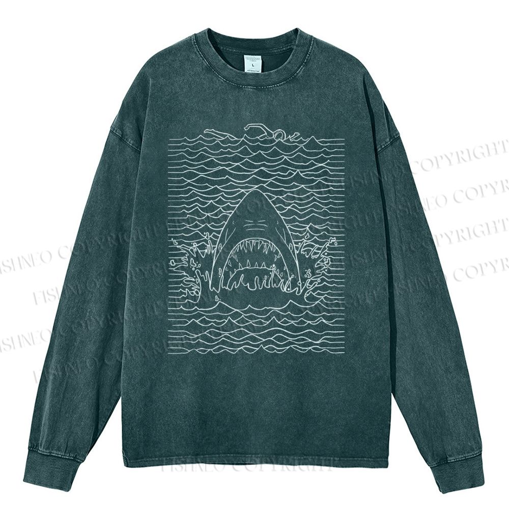 Unisex Casual Washed Ocean Wave Shark Printed Long Sleeve T-shirt