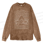 Unisex Casual Washed Ocean Wave Shark Printed Long Sleeve T-shirt