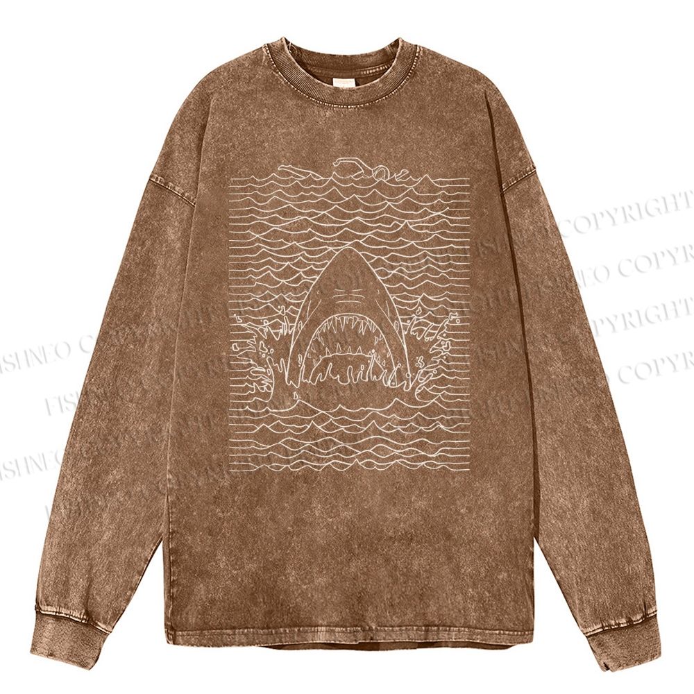 Unisex Casual Washed Ocean Wave Shark Printed Long Sleeve T-shirt