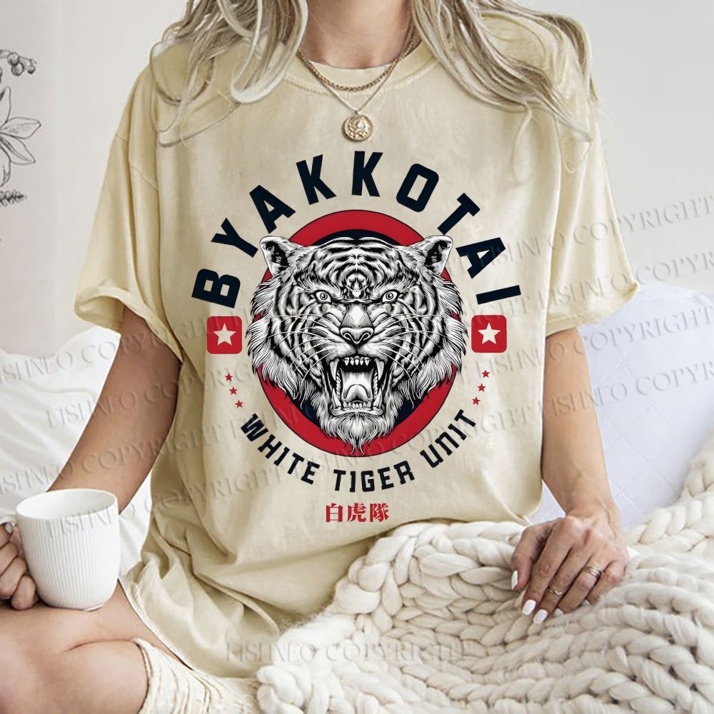 Unisex White Tiger Printed Washed Tee