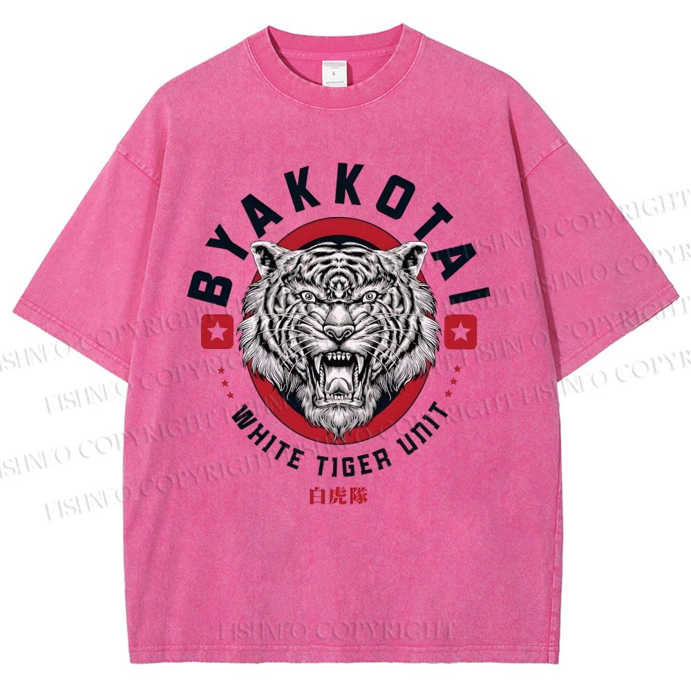 Unisex White Tiger Printed Washed Tee