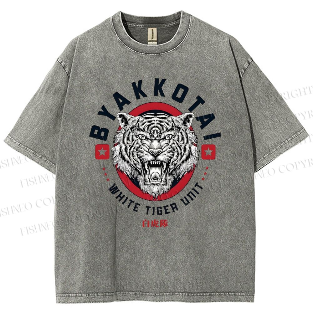 Unisex White Tiger Printed Washed Tee