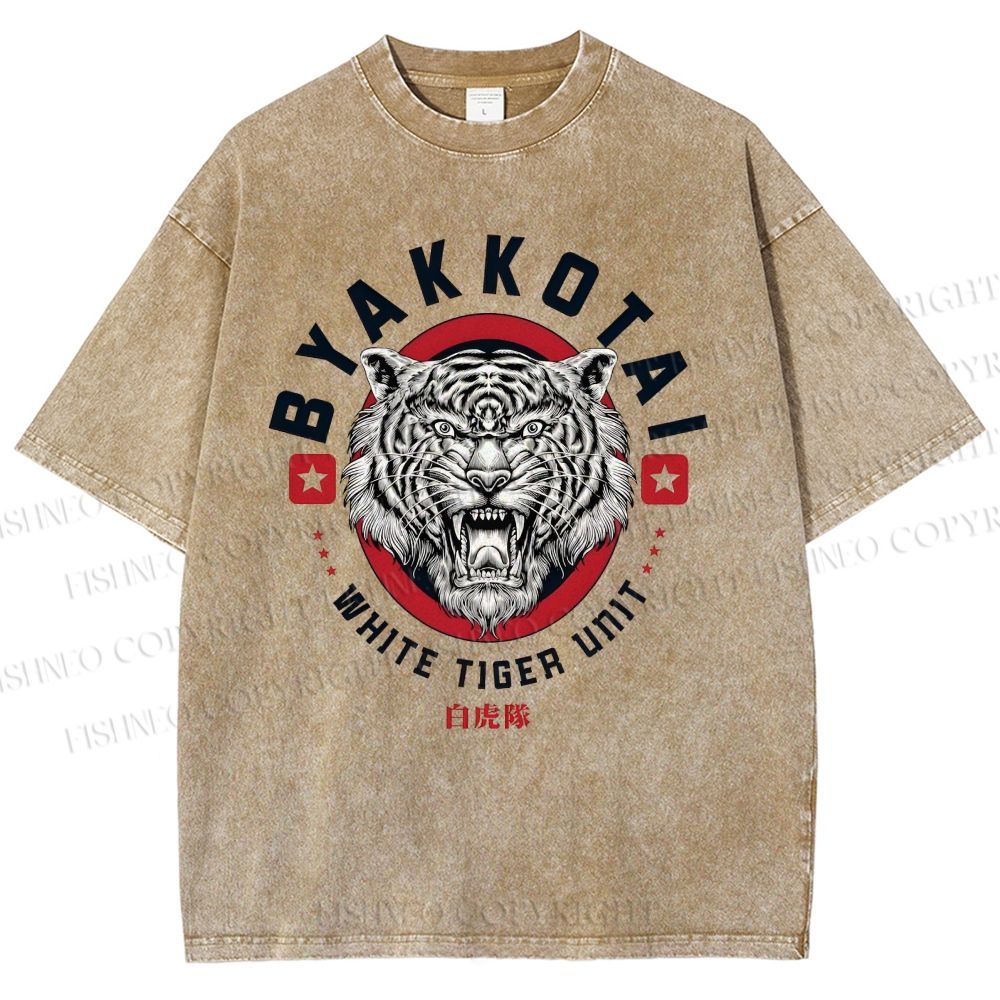 Unisex White Tiger Printed Washed Tee