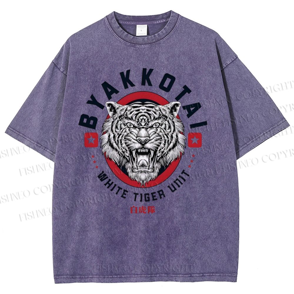 Unisex White Tiger Printed Washed Tee