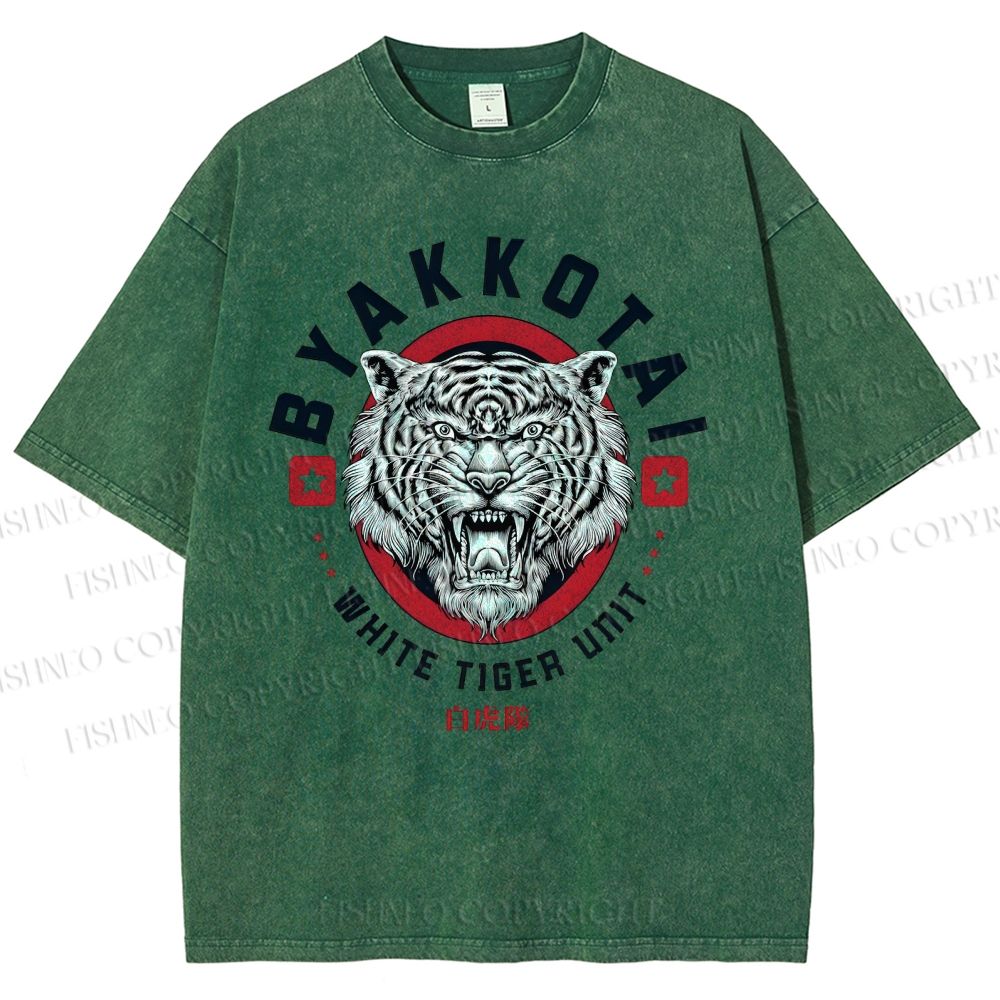 Unisex White Tiger Printed Washed Tee
