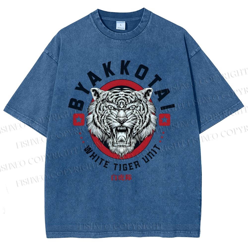 Unisex White Tiger Printed Washed Tee