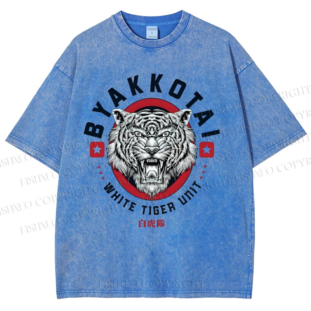 Unisex White Tiger Printed Washed Tee
