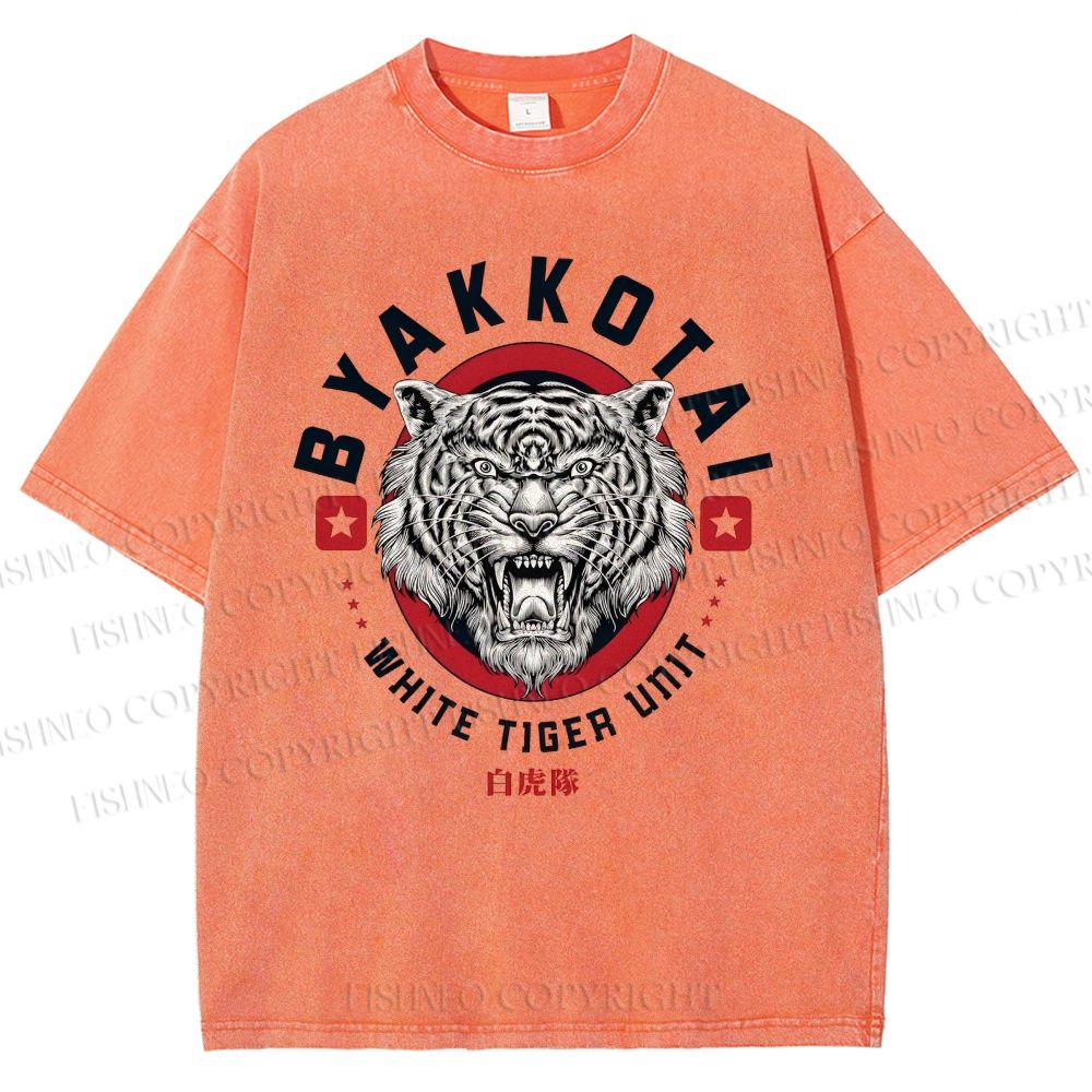 Unisex White Tiger Printed Washed Tee