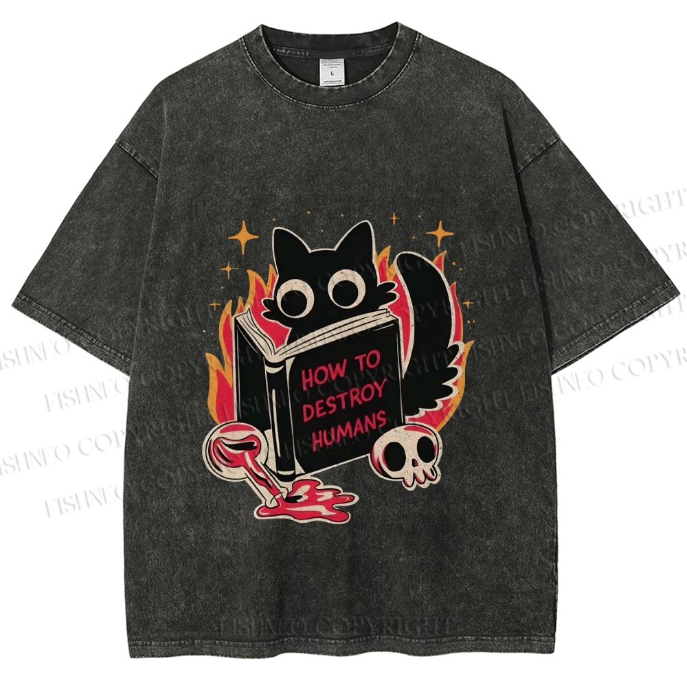 Unisex Evil Cat Printed Washed Tee