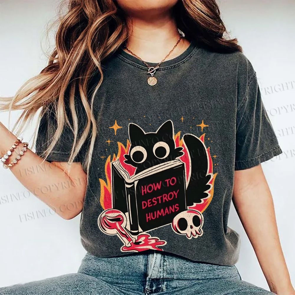 Unisex Evil Cat Printed Washed Tee