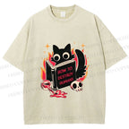 Unisex Evil Cat Printed Washed Tee