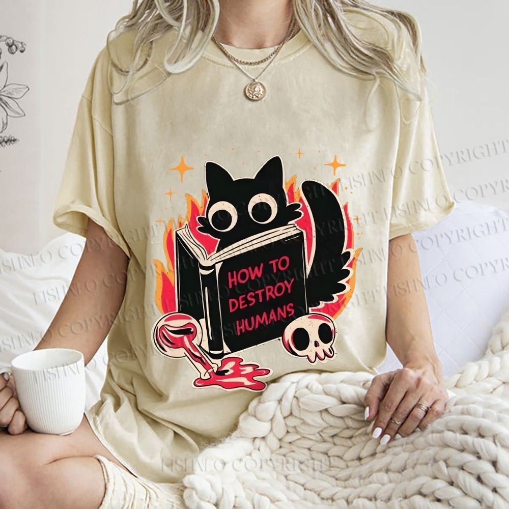 Unisex Evil Cat Printed Washed Tee