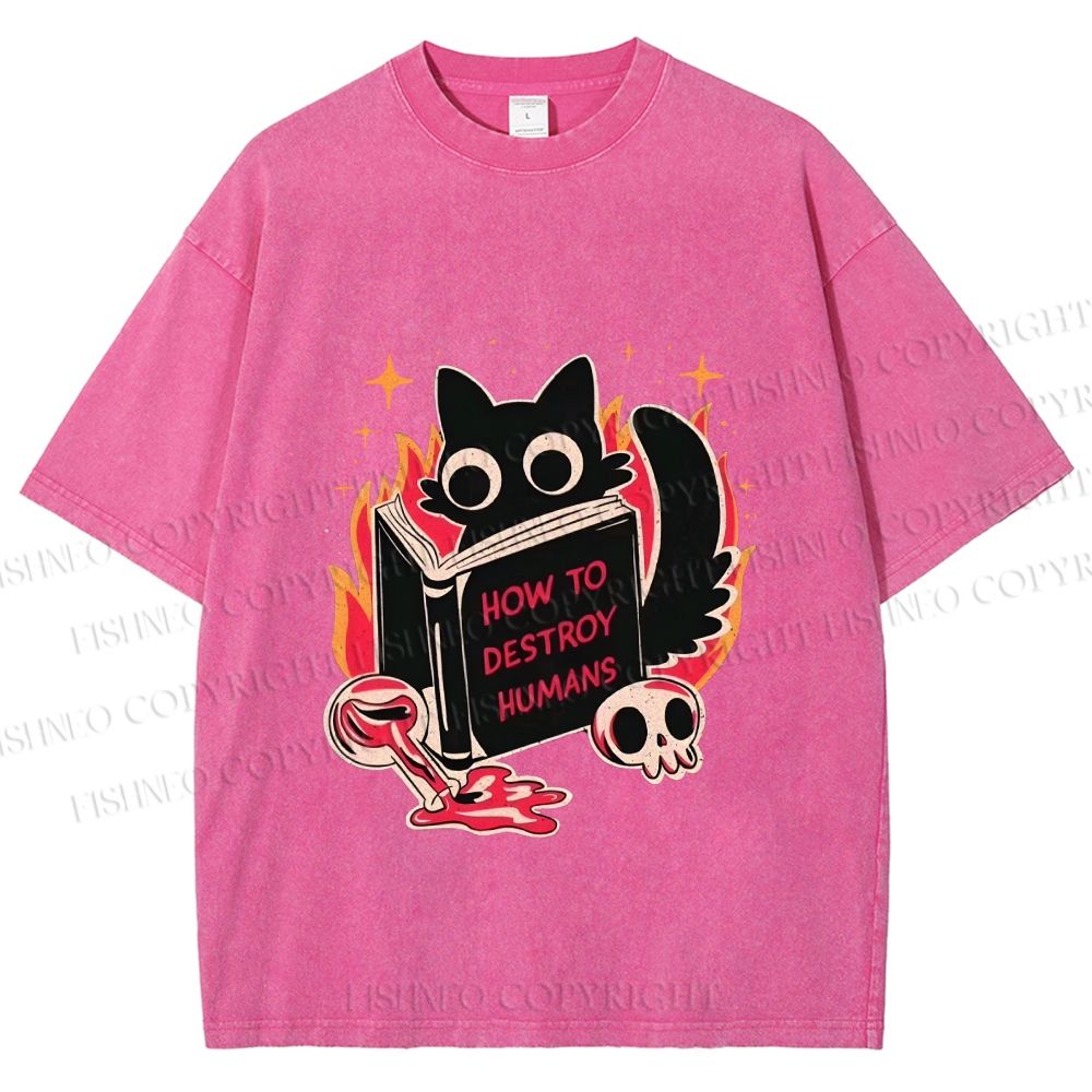 Unisex Evil Cat Printed Washed Tee