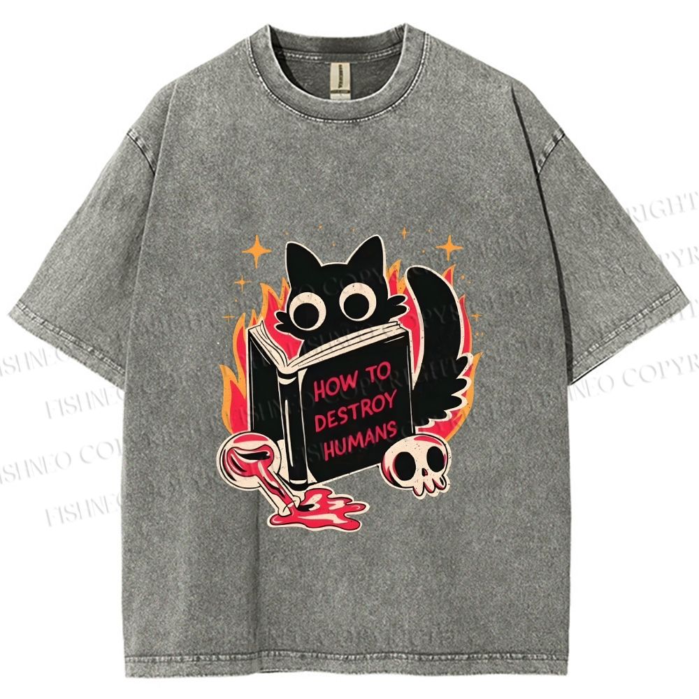 Unisex Evil Cat Printed Washed Tee