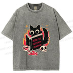 Unisex Evil Cat Printed Washed Tee