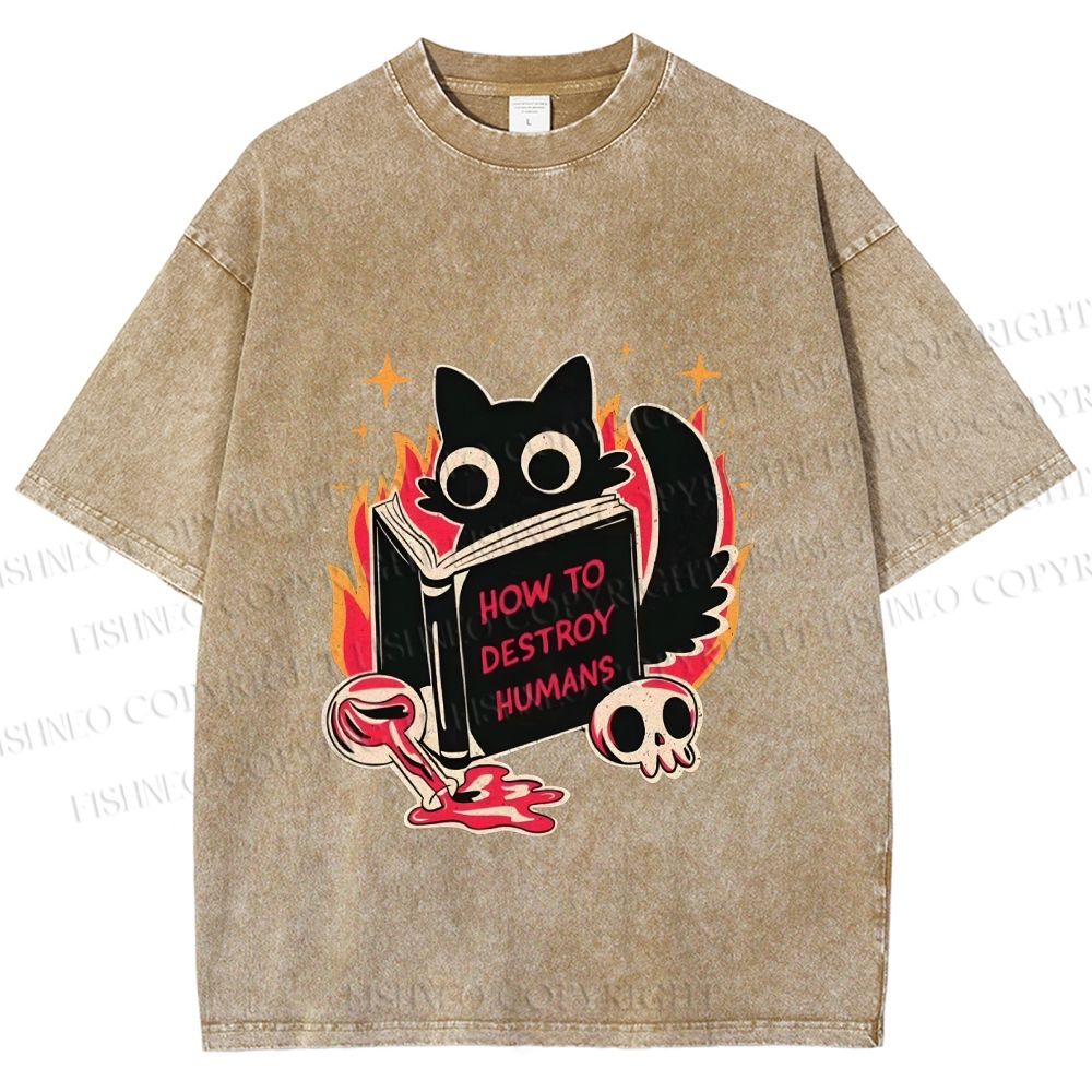 Unisex Evil Cat Printed Washed Tee