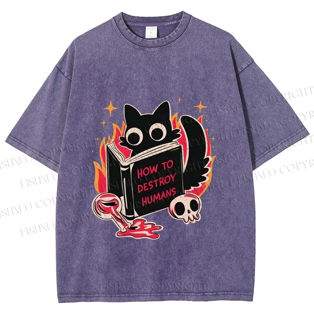 Unisex Evil Cat Printed Washed Tee