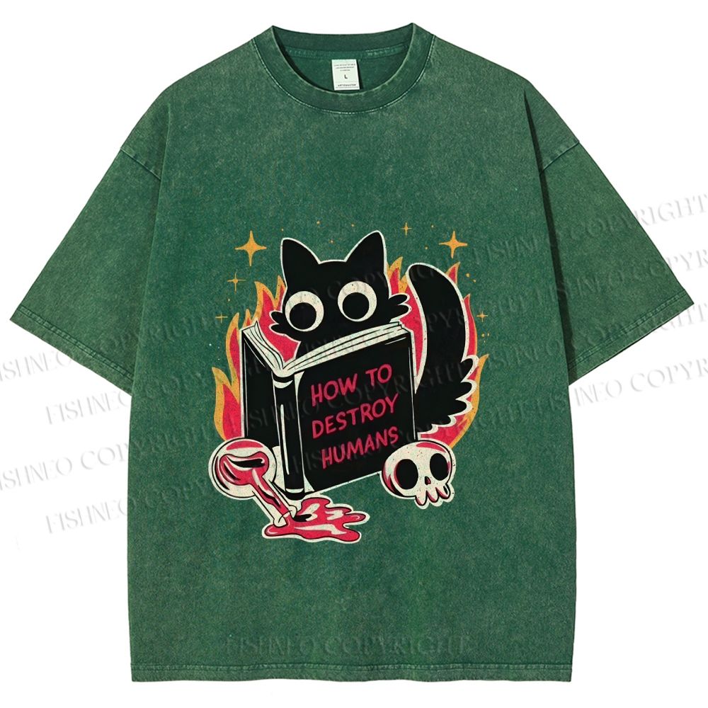 Unisex Evil Cat Printed Washed Tee