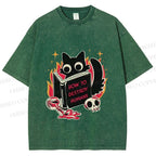 Unisex Evil Cat Printed Washed Tee