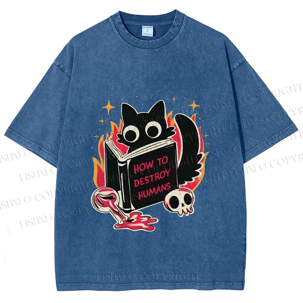 Unisex Evil Cat Printed Washed Tee