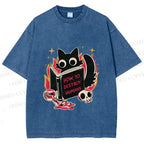 Unisex Evil Cat Printed Washed Tee
