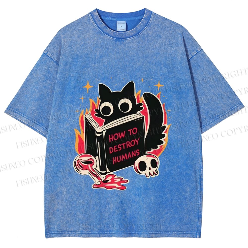 Unisex Evil Cat Printed Washed Tee