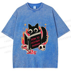Unisex Evil Cat Printed Washed Tee
