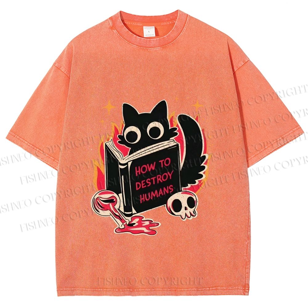 Unisex Evil Cat Printed Washed Tee