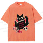 Unisex Evil Cat Printed Washed Tee