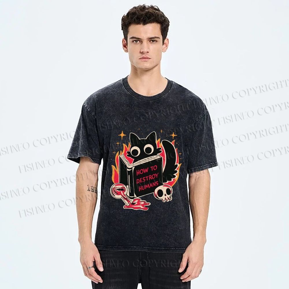 Unisex Evil Cat Printed Washed Tee