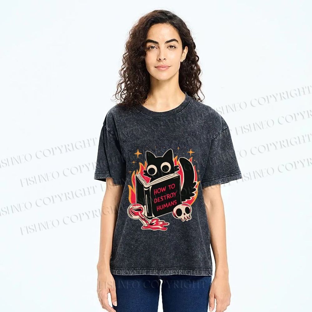 Unisex Evil Cat Printed Washed Tee