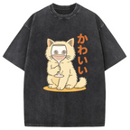 Kawaii Cat with Wine Glass Face Washed T-Shirt